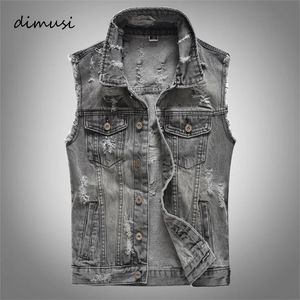 Dimusi Spring Design vintage Mens Jeans de jeans de jeans de jeans retro mangas mangas macacão Men Ripped Hole Button