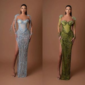 Sexig sjöjungfru aftonklänningar illusion Hög delad paljetter Lace Prom Birthday Party Prom Gowns Second Reception Dress