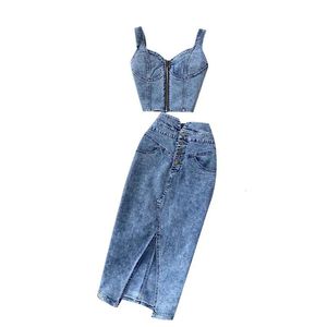 AMOLAPHA Woman dżinsy zbiorniki kamizelki Zestawy Kobiety Dziewczęta Slim Denim Paski Topy Buttons Maxi Spirt Suits 240510