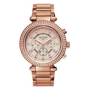 Stainless Steel Strap Lignt Luxury Elegant Womens Watches Perfect Moment Full Diamond Round Dial Quartz Rose Gold Hardlex Wrist Watch W 266p