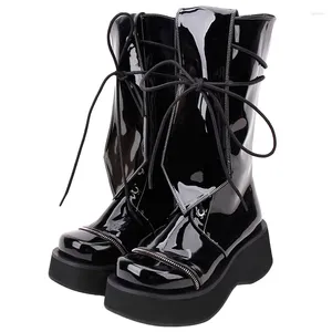 Botas de impressão angelical feminina motocicleta cool punk lady lolita sapatos mulheres saltos altos bombas de laço up 33-47 couro brilhante 298