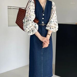 Sukienki robocze 2024 francuskie koszule w stylu vintage kwiatowe dżinsowe sukienka z czołgiem dwupoziomowe