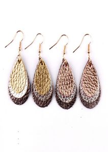 2336mm Fashion Great Quality Modern Design 3 Layers Genuine Leather Gold Gunmetal Teardrop Dangle Drop Statement Earrings for Wom3014500