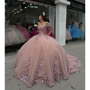 Pink Quinceanera Dresses Sweet 16 Dress Flowers Appliques Crystal Beads Birthday Party Gowns Vestido De 15 Corset Ball Gown