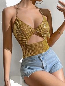 Frauen Tanks Premium Chainmail Glänzender Strassbra Halfterhals mit Metallriemen sexy Oberteil in Gold