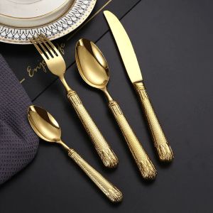 High-end Luxury Stainless Steel Spoons Fork Table Knife Tea-spoon Hollow Embossed Handle Flatware Retro Cutlery Soup Spoon Dining Utensils
