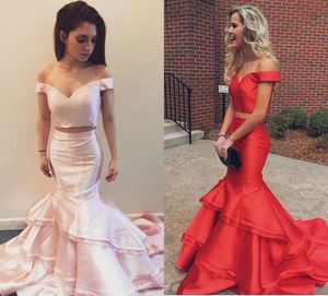 Two Piece Mermaid Prom Dresses Off Shoulder Crop Top Satin Tiersed Ruffles Red Light Pink Long Graduation Dresses Party Dresses SWE6330765