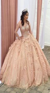 Скляпные 3D цветочные цветы розовое золото плюс размеры Quinceanera Prompes 2022 Ball Pland Lound Иллюзии рукава кристаллические стразы SW2971360