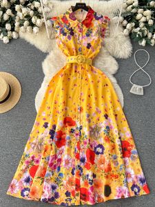 Casual Dresses Hikigawa Chic Fashion Women Vintage Floral Print Slå ner krage ärmlös bälte Slim midja skjorta Vestidos Mujer