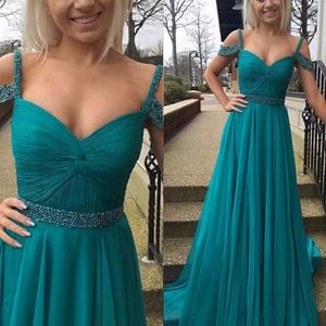 Billiga brudtärna klänningar Dark Turquoise Chiffon Maid of Honor -klänningar Formella veck bröllop Gästklänning A Line Crystals 2019 SASH 2215