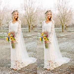 2019 Romantisk Boho -stil långärmad bröllopsklänningar o nacke en linje full spetslandsstil brudklänning anpassad 292j