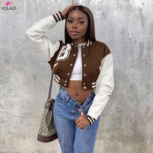 Kvinnorjackor Volalo Brown Baseball Fashion Fall For Women Patchwork Button Black Crop Top Coats Red Varsity Bomber Jacket