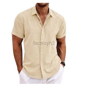 Men's T Shirts Plus Tees & Polos 2024 New Summer Men's Linen Shirt Youth Solid Color Cotton Linen Short sleeved Polo Neck Shirt Plus Tees