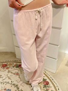 Kvinnor byxor capris retro rosa randiga dragkammare sportbyxor för kvinnors hösthög midja linne casual wide ben pantsl2405