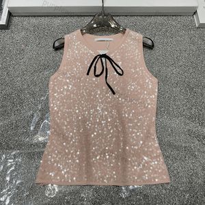 Womens Bow Knitted Vest Summer Sleeveless Tanks Top Sexy Sequin Embroidered Shirt