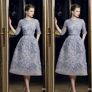 Fashion Evening Dresses Elegant Lace Applique A-Line Prom Gowns 3 4 Long Sleeve Tea Length Sexy Formal Party Celebrity Dress Customized 312k