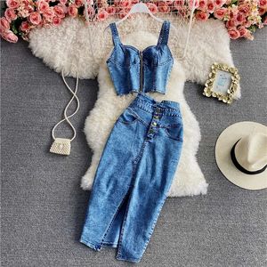 AMOLAPHA Women Summer Denim Clothes Set Axless Strap Cowboy Camisole Topshigh midja Split Jeans Mid-Length kjolar Suits 240510