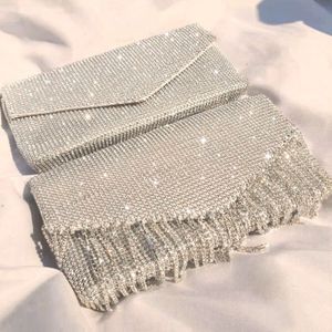 Clutch Bag silver diamant kuvert kvinnor kväll brud bröllop handväska designkedja tofs axel 280y