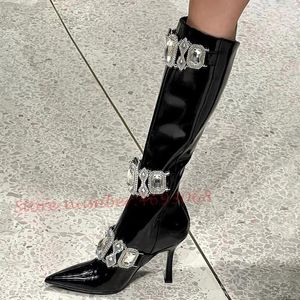 Stivali in pelle di cristallo argento in pelle lunghe donne lussuose bling punta scarpe nere di punta femmina di tendenza tacchi alti ginocchini autunnali