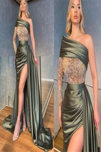 ASO EBI 2021 Arabisch Plus -Größe Meerjungfrau Perlen -Spitze Abendkleider eine Schulter Hoch geteilte Prom Formal Party zweite Empfangskleider6766690