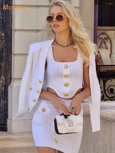 Work Dresses Women'S White Button Elastic Tight Bandage Set Sexy Crop Top & Pencil Short Skirt Two Piece Celebrity Party Club Clothing