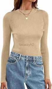 تي شيرت تي شيرت تيز المرأة ذات الأكمام الطويلة الدائرية تي شيرت 2023 الخريف مضلعة سترة متماسكة نحيفة ملائمة اللون الصلب الأساسي قميص قميص زائد الحجم