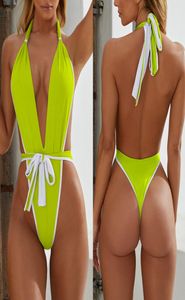 Neon Green High Leg Cut One Piece Swimsuit Women Deep v neck Swimwear Female 2019 new Halter Monokini Bathing Suit Sexy Bodysuit7206883