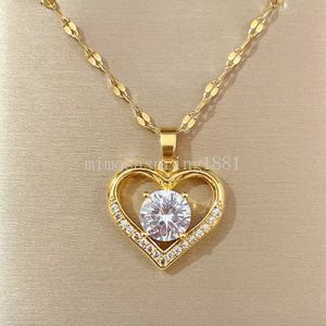 Artificial Gems Heart Pendant Necklace for Women Golden Stainless Steel Chain Necklaces Jewelry for Girl