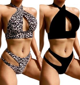 Women039s Mulheres de banho de banho sexy de duas peças Split Bikini Fashion Leopard ou Solid Color Halter Tops e Midwaist Thong Swim7559769
