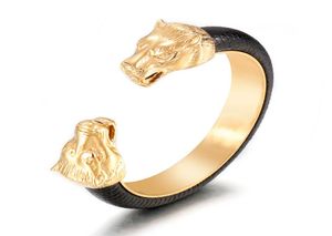 Złote stali nierdzewne głowica Lwa Otwórz bransoletki dla mężczyzn Elastyczne regulowane skórzane bransoletki męskie chłopcy akcesoria rąk Jewellery6466587