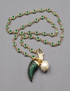 Guaiguai Jewelry Natural White Keshi Gearl Gold, покрытый зеленым макарситом Cz Che Chain Collece Chili Подвеска
