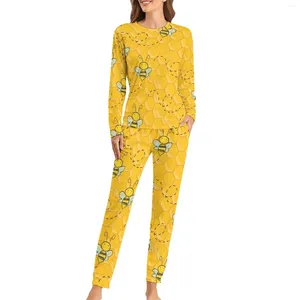 Kvinnors sömnkläder Print Pyjamas Honey Bee 2 Pieces Casual Set Kvinnlig långärmad varm överdimensionerad