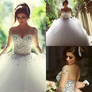 Projektant luksusowe kryształy długie rękawy suknie balowe suknie ślubne krążki sznurkowe z tyłu arabska suknia ślubna Sheer szyi vestidos nr 223y
