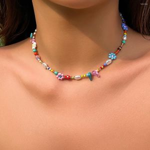 Ketten Salcon Boho mehrfarbige handgewebte Samen Perlen Perlen Blumenhärke Trend Y2K Imitation Perle Kragen Halskette Frauen Party Schmuck Schmuck