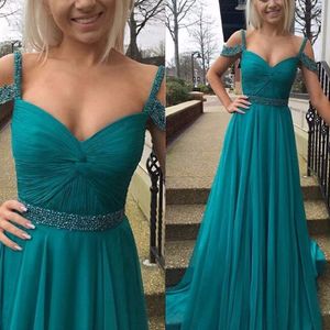Billiga brudtärna klänningar Dark Turquoise Chiffon Maid of Honor -klänningar Formella veck bröllop Gästklänning A Line Crystals 2019 SASH 155Y