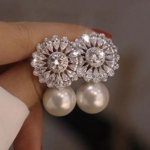 Cubic Zirconia Stud Earrings for Women Fashion Imitation Pearl Snow Flower Bridal Girl Jewelry