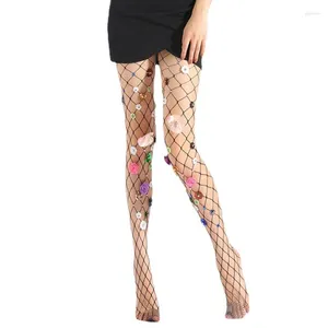 Women Socks Glitter Sequins Flower Mesh Tights Sexy Hollow Out Fishnet Pantyhose Multicolor For Rhinestone Nightclub Drop