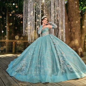 Aqua Blue Lśniąca suknia balowa Quinceanera Sukienka z barku cekinowe aplikacje koronkowe koraliki Crystal tull vestidos de 15 anos