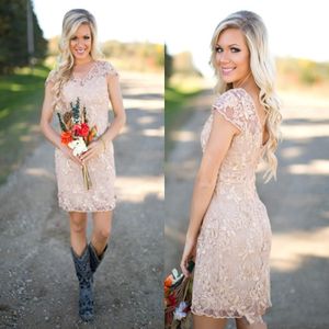 2019 New Country Bridesmaid Dresses V Neck Full Lace Short Sleeves Champagne Sheath Guest Wear Party Dresses Maid of Honor Gowns 521 2653