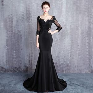 Czarna syrenka długie suknie ślubne z 3 4 rękawami 2019 Nowe eleganckie koralikowe koronkowe iluzoryczne rękawy Kobiety Nie białe suknie ślubne 2601