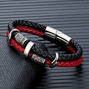 Bracelets de charme mkendn punk viking estilo aço inoxidável runas nórdicas runas amulet sórcio trançado pulseira de couro multicamada homme pulseras y240510