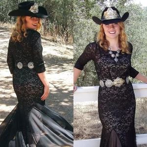 Black Lace Cowboy Country Wedding Mother of the Bride Dresses 2017 Crew 3 4 Long Sleeves Size Split Mother Off Groom Gown EN93011 237T