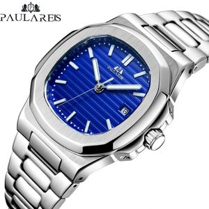 Männer Automatisch Selbstwind Mechanische leuchtende Edelstahl blau grau Kaffee Schwarzweißes Zifferblatt Einfacher Business Watch CJ191213 223g