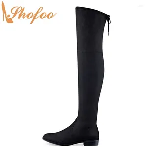 Boots Black Round Toe Low Square Heels Women Over The Knee Zipper Flock Large Size 12 14 For Ladies Fashion Mature Shoes Shofoo