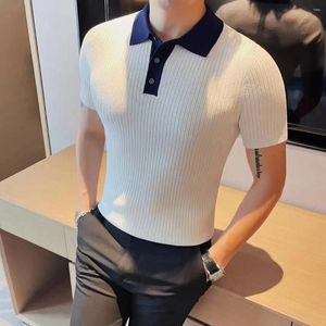 Men's Polos Men Knit Polo Shirt British Solid Striped Short Sleeve Slim Fit Business T High Quality T-Shirt For Streetwear