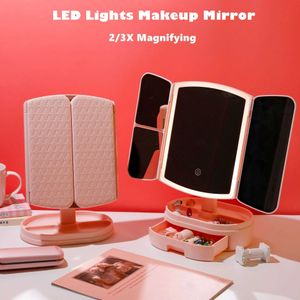 Compact Mirrors Foldable LED makeup mirror with drawers intelligent touch dimmer beauty 2X/3X enlarged desktop surface Q240509