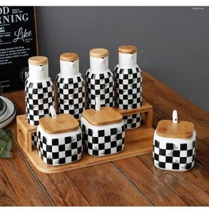 Lagerflaschen Küchengeschirr Glas Gewürzregal Öl und Essigflaschen Kombination Set Keramikgewürze mit Regal