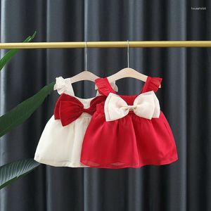 Mädchenkleider Mädchen Kleid Sommer Kinderkleidung Spitze Hosenträger großer Bogen-Ins-Stil Festfarbe A-Line-Rock