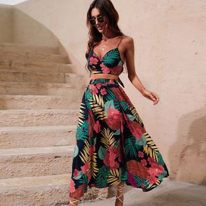 Y2K Bikini Crop Tops Dress Long Conjunto Sexy para mulheres Moda de verão Duas peças saia praia estampa floral midi Sexy Boho Conjuntos 240510