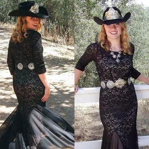 Black Lace Cowboy Country Wedding Mother of the Bride Dresses 2017 Crew 3 4 Long Sleeves Size Split Mother Off Groom Gown EN93011 298T